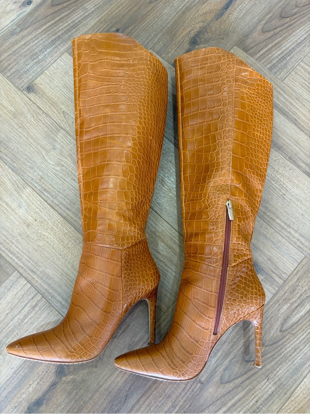 Vince Camuto Women’s Tall Croc-Embossed Pointed Toe thigh high Boots - Brown